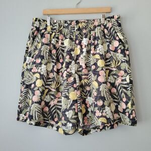 CJ Banks Blue Fruit Print High Waisted Linen Blend Pull On Shorts Womens XL